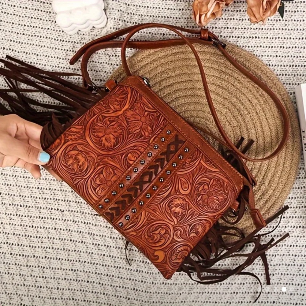 Brown Embossed Leather Crossbody Bag - Picture 2 of 12